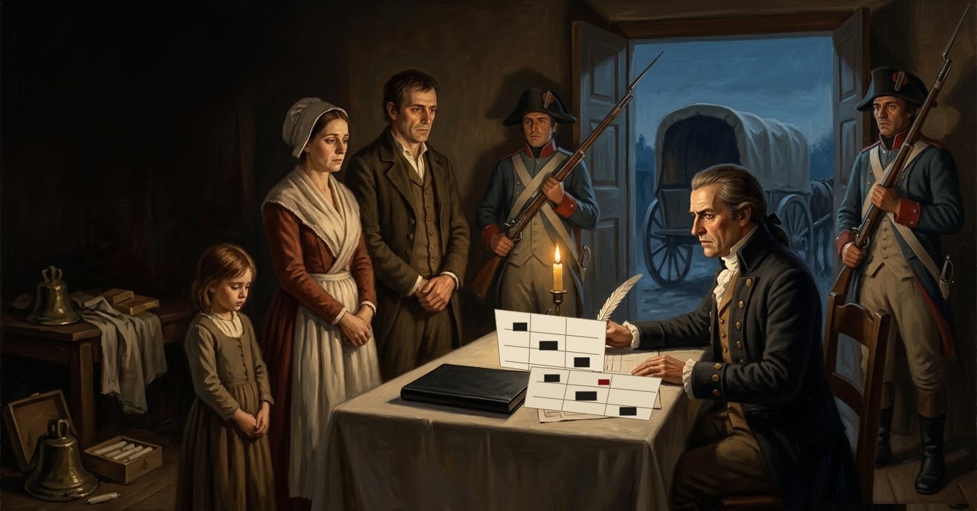 A clerk records a family at a candlelit table under the watch of armed guards, displaying papers marked with black census bars.