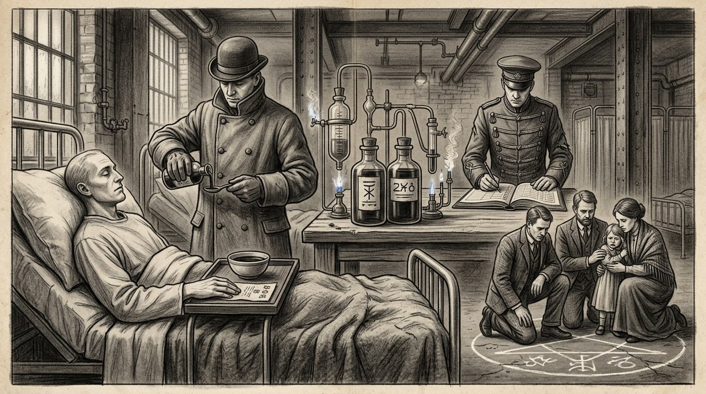 Hospices of Departure — On the Black Elixir, rendered as charcoal.