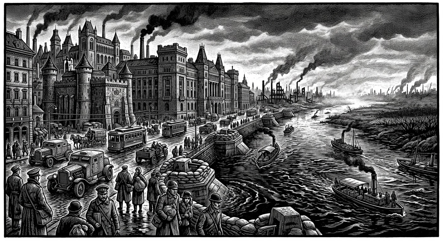 Hungary — On Budapest, the Western Half That Still Answers, rendered as woodcut.