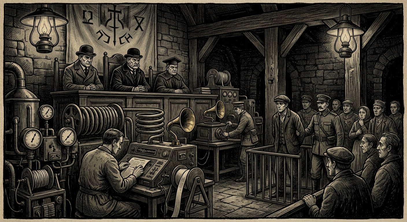 Hush Court — On Silence Crimes, rendered as woodcut.