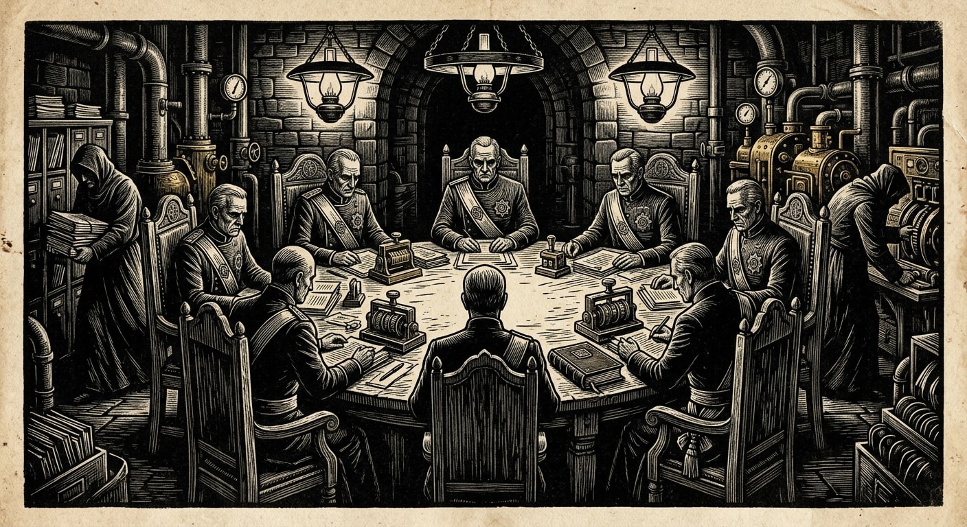Inner Circle — On the Seven Chairs, rendered as woodcut.