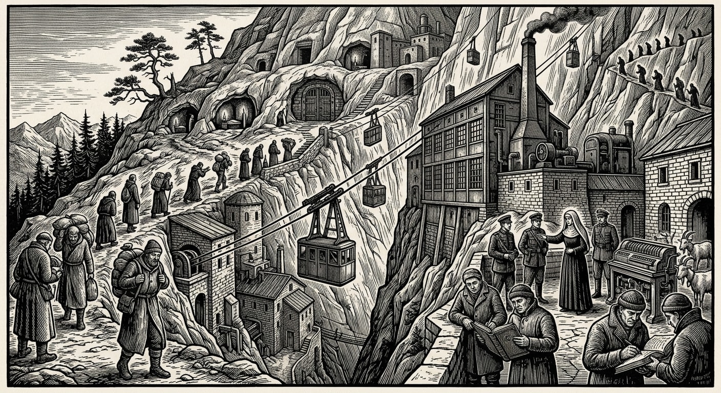 Innsbruck — On the Mountain Archive, rendered as woodcut.