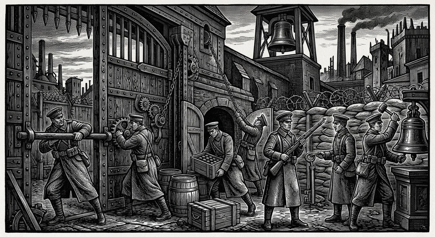 Iron Vespers — On Gates, Powder, and the Seven Motions, rendered as woodcut.