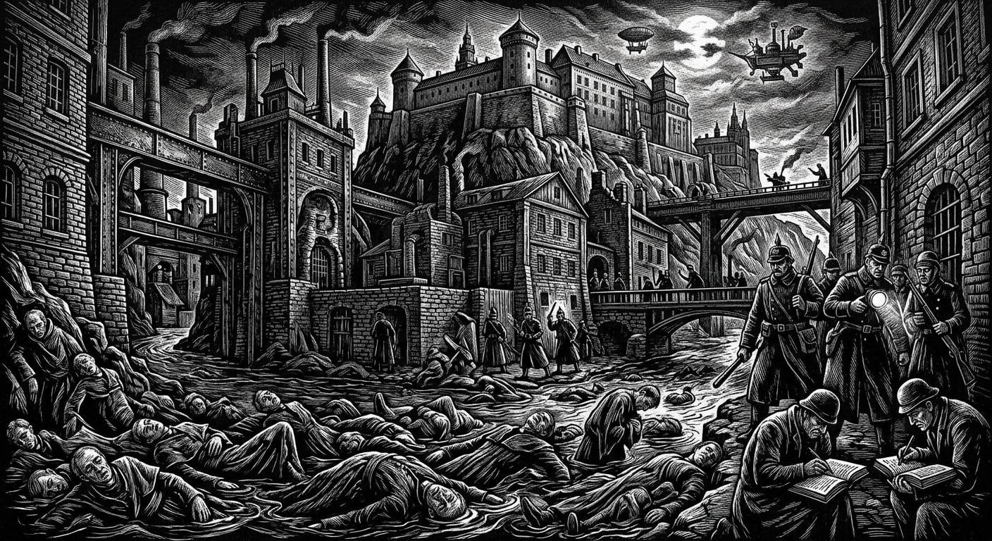 Kraków — On the Night of Knives, rendered as woodcut.