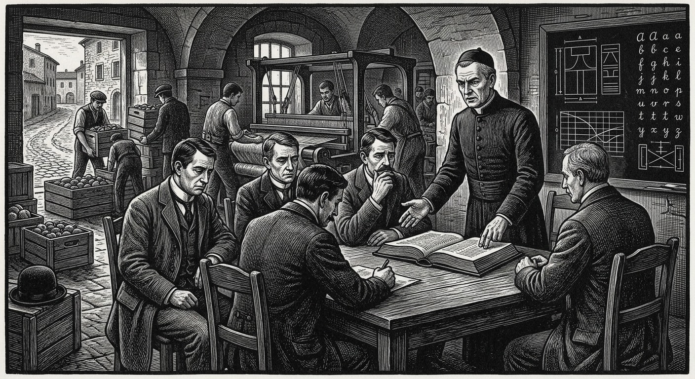 Lombardy — On the League of Milan and the First Lesson, rendered as woodcut.