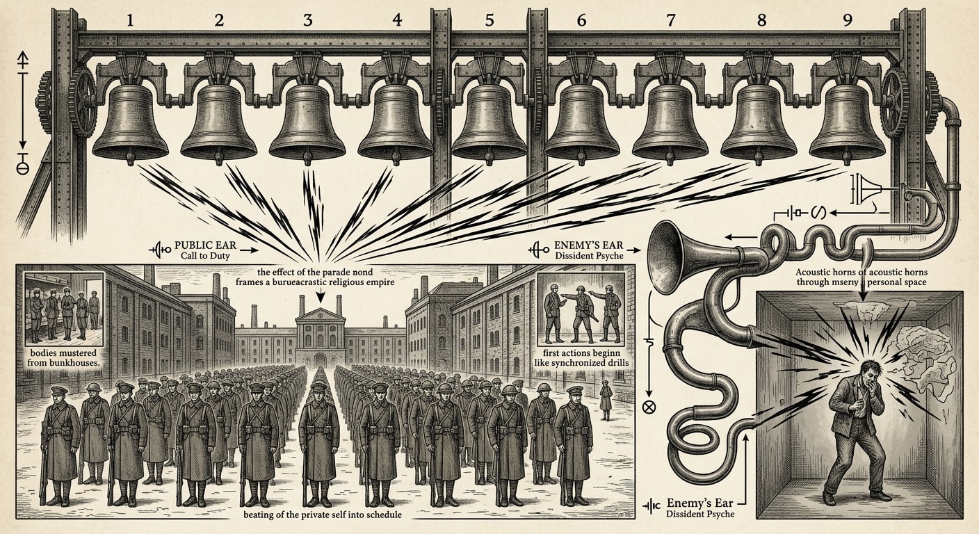 Ninefold Matins — On Military Use and the Enemy's Ear, rendered as engraving.