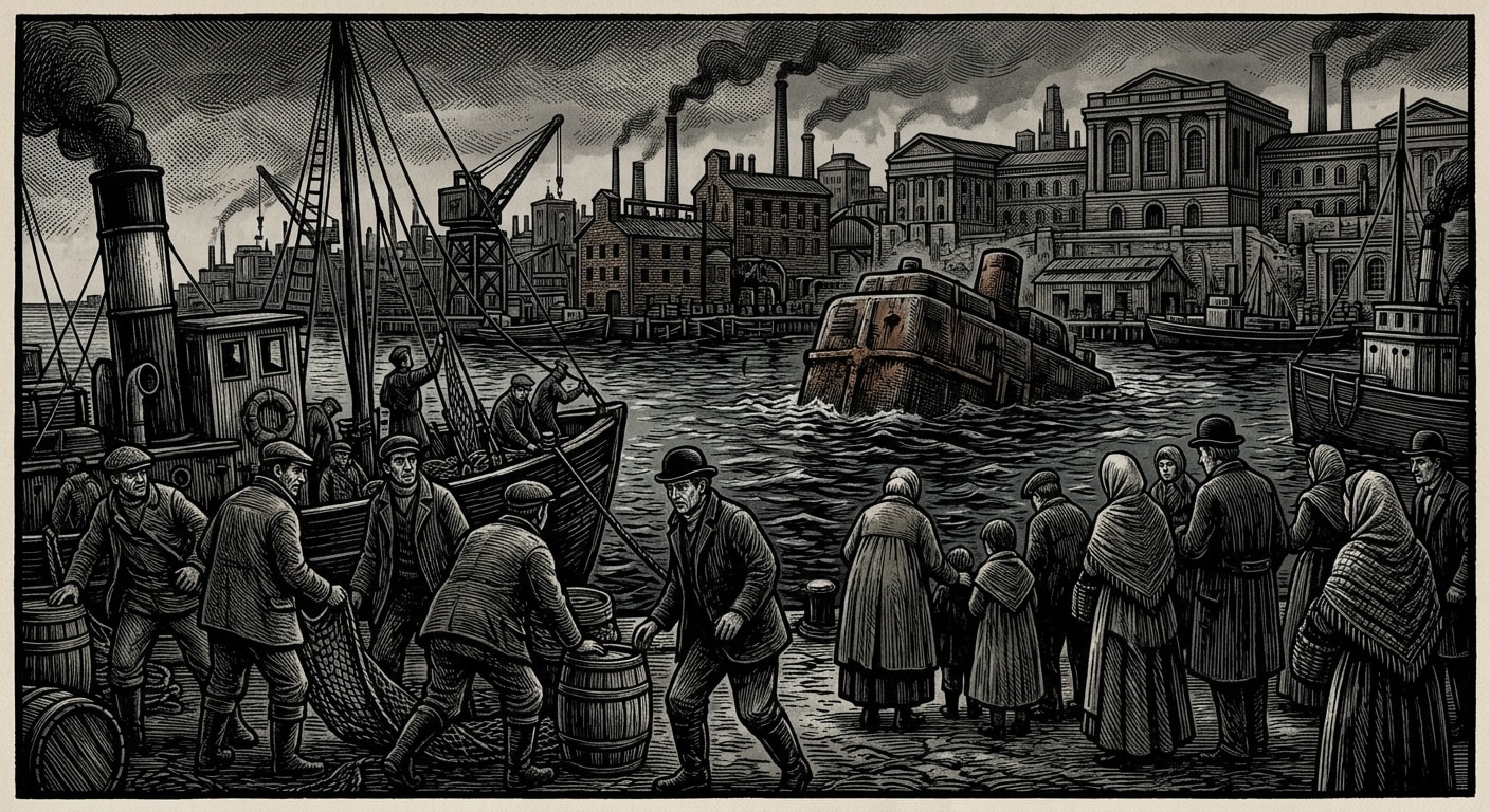 Phaleron Bay — On Fishermen, Pilots, and Sensible Cowards, rendered as woodcut.