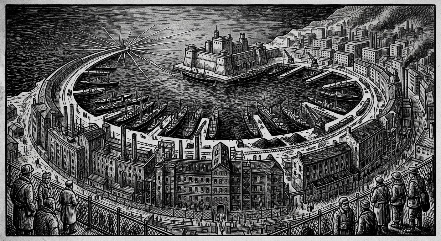 Quarantine Crescent — On the Shape of the Wards, rendered as woodcut.