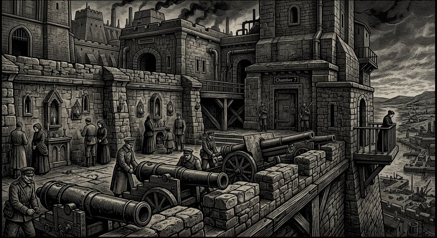 Ravelin of Sorrow — On the Stone, the Guns, and the Lower Watch, rendered as woodcut.