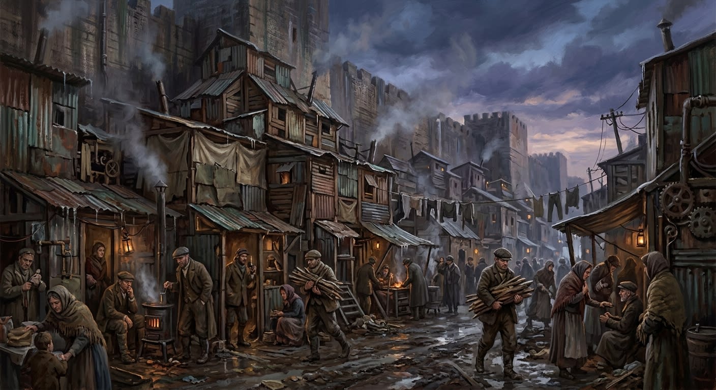 Refugee Sheds — Refugee Sheds, rendered as oil-painting.