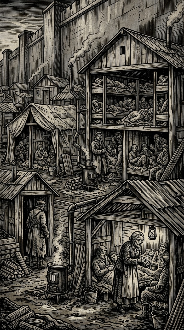 Refugee Sheds — On Boards, Stoves, and Sleeping Arithmetic, rendered as woodcut.