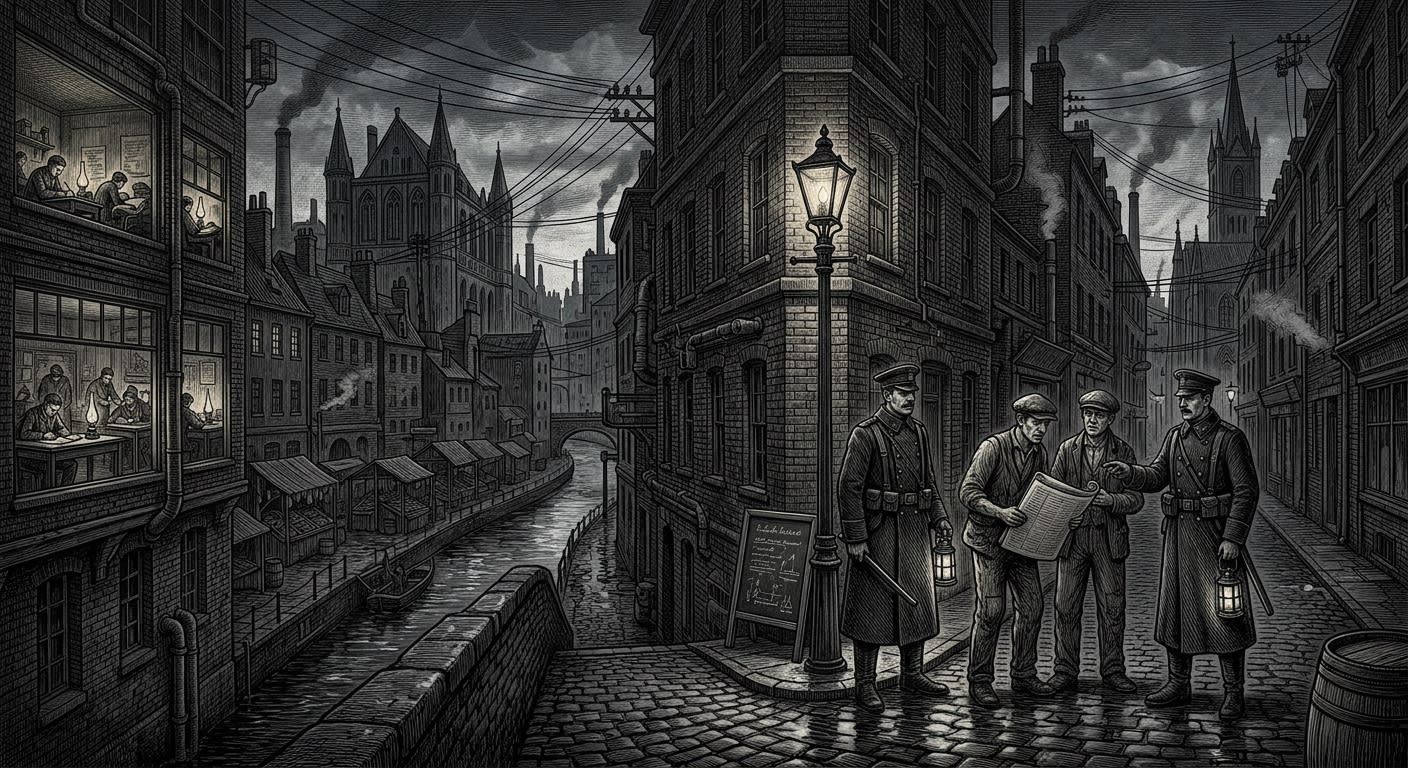 The Rhineland — On Curfew, Rihn, and the Government of Night, rendered as engraving.