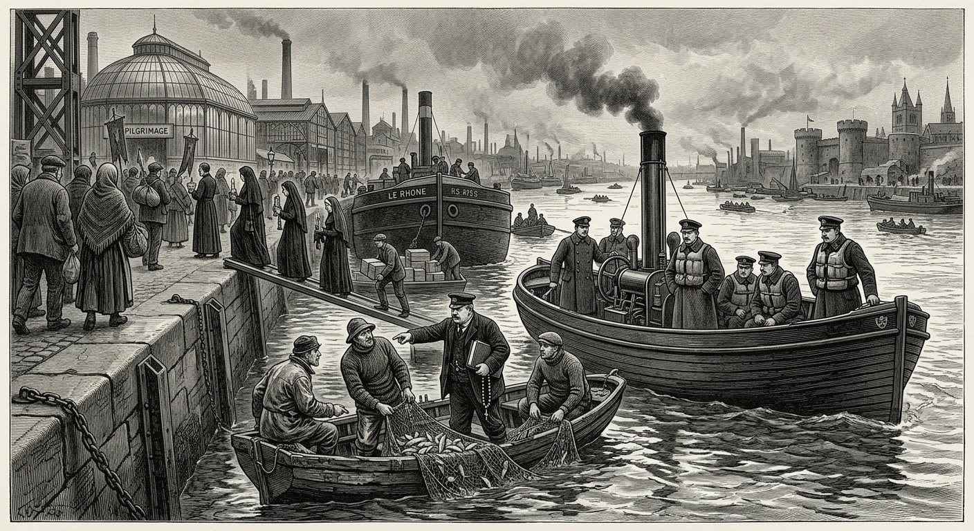 The Rhône — On Glass, Rosaries, and Fishers Who Do Not Understand Policy, rendered as engraving.