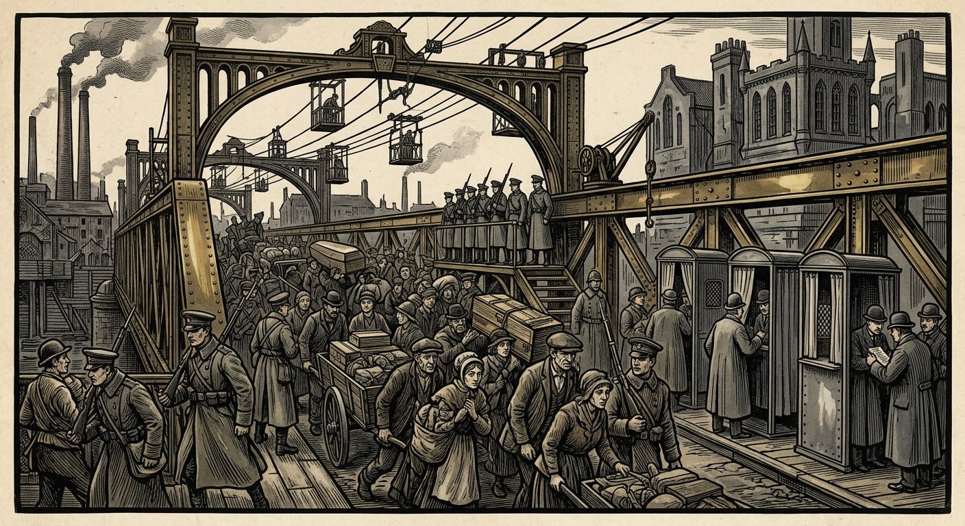 The Ribwalk — On the Daily Traffic of Bodies and Little Lies, rendered as woodcut.