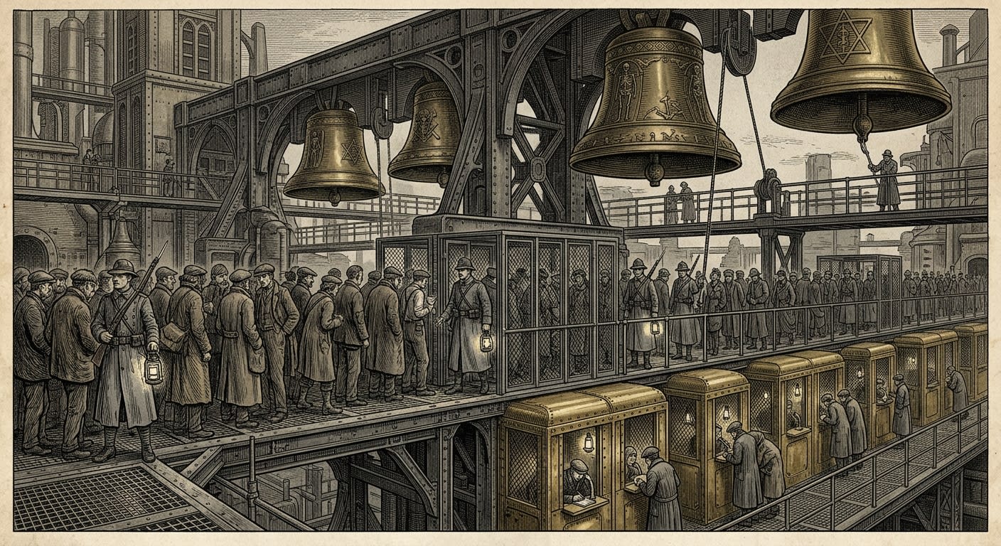 The Ribwalk — On Curfew and the Bells That Sort Flesh, rendered as engraving.