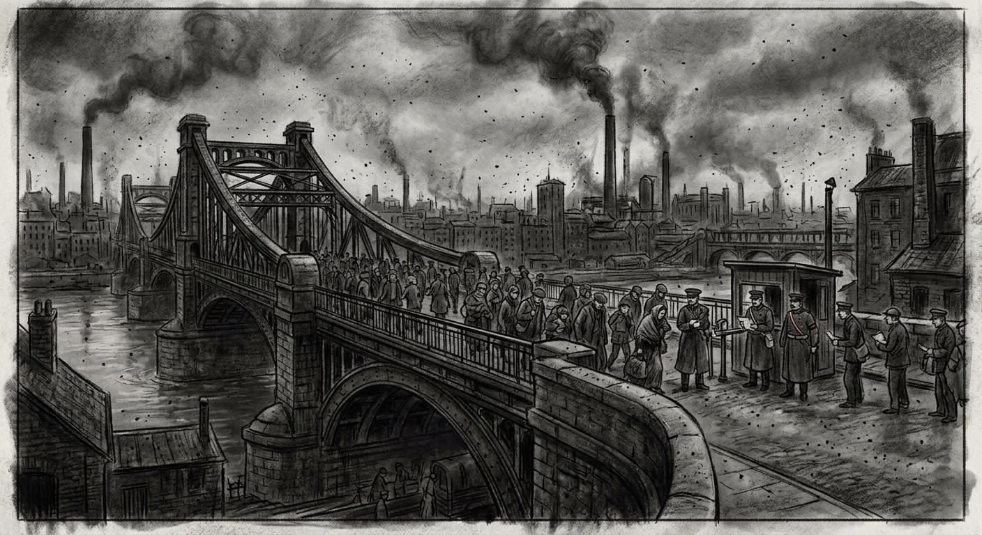 Rouen — On the Bridge of Saint Cuthbert, rendered as charcoal.