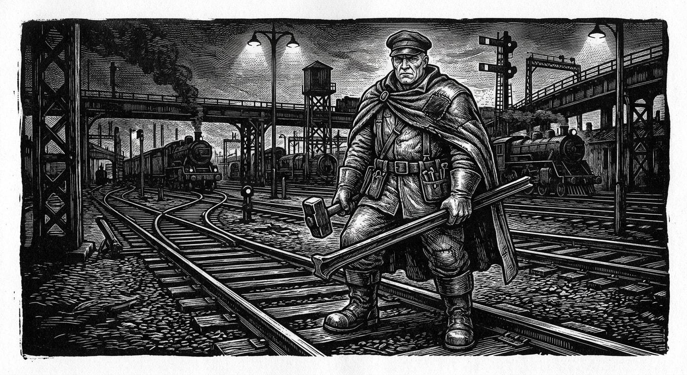 Saint Vandrail — On the Rails for Fingers, rendered as woodcut.