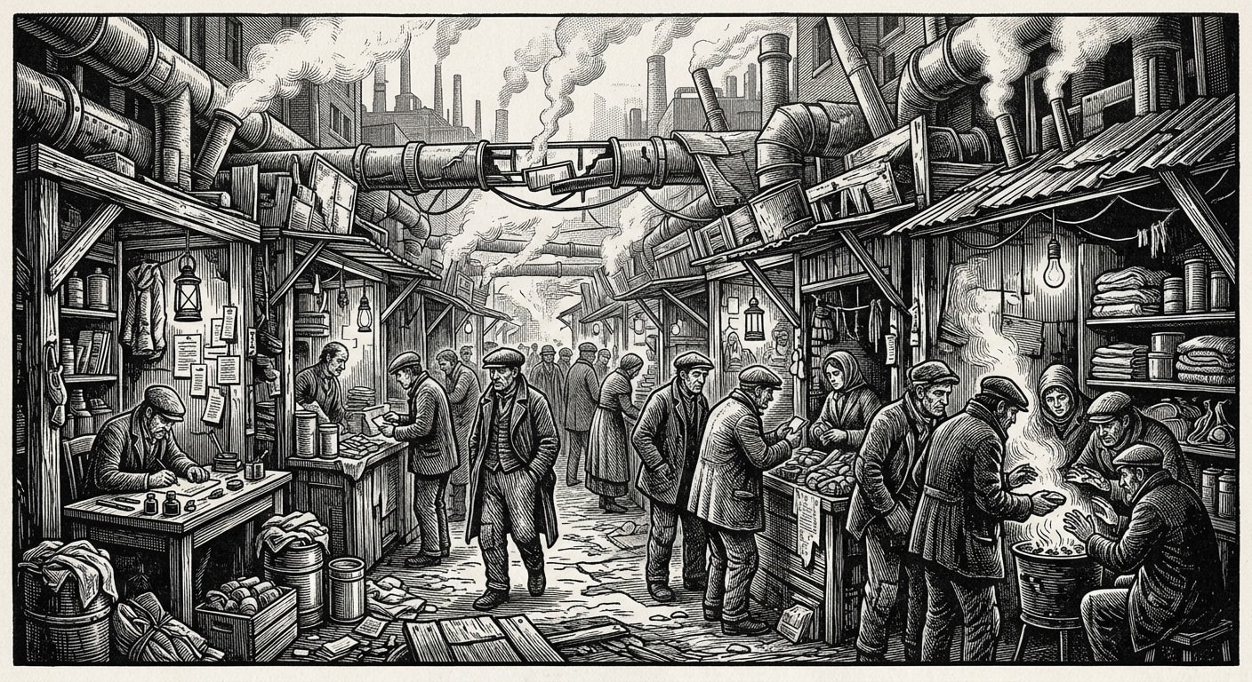 Slag Market — On the Geography of Bad Heat, rendered as woodcut.