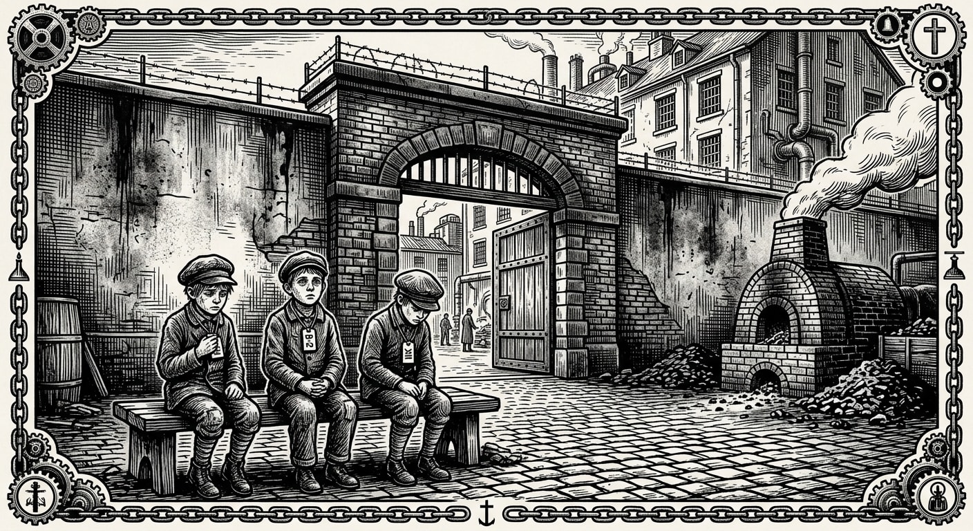 Strasbourg Central Orphanarium — On the Gate, the Bench, and the Three Tags, rendered as woodcut.