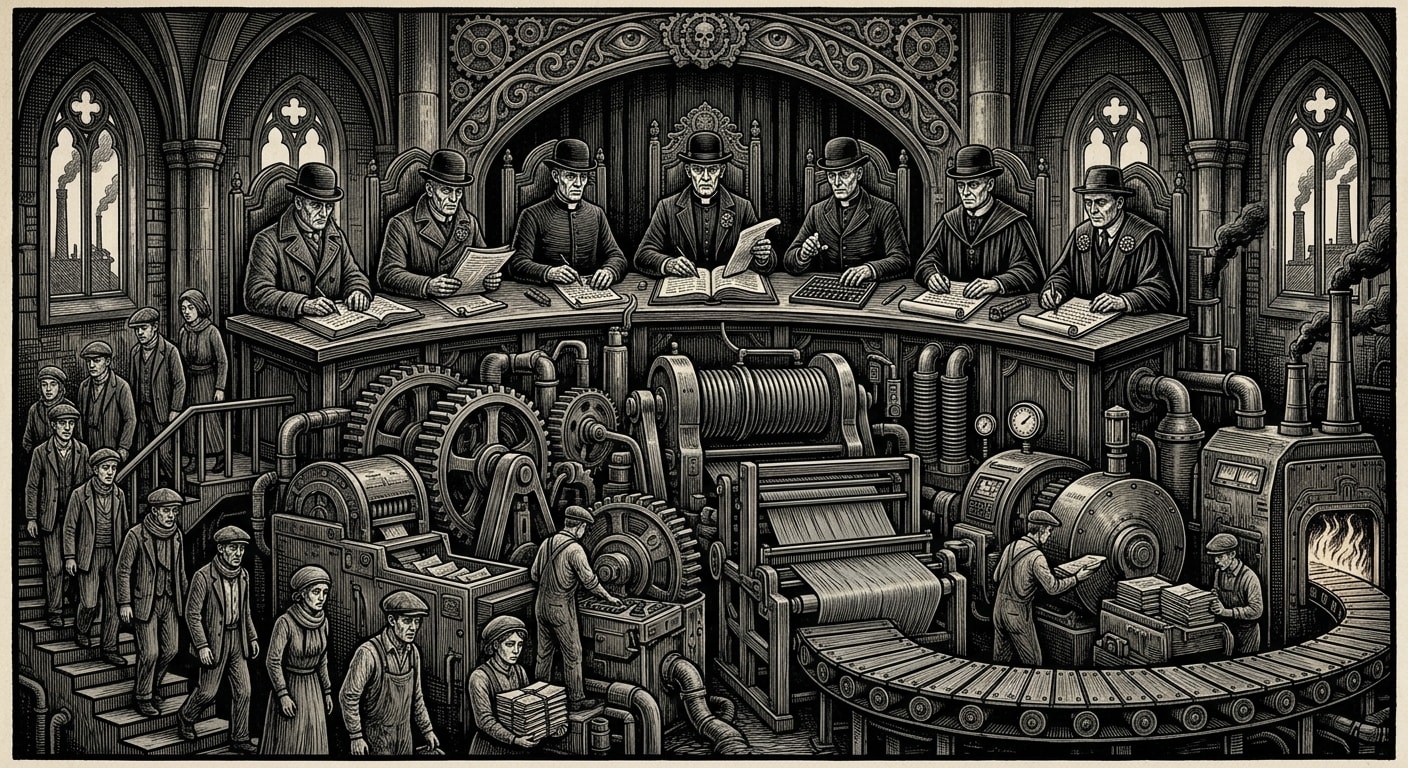 Theocracy — On the Seven Heads and the Twelve Organs, rendered as woodcut.
