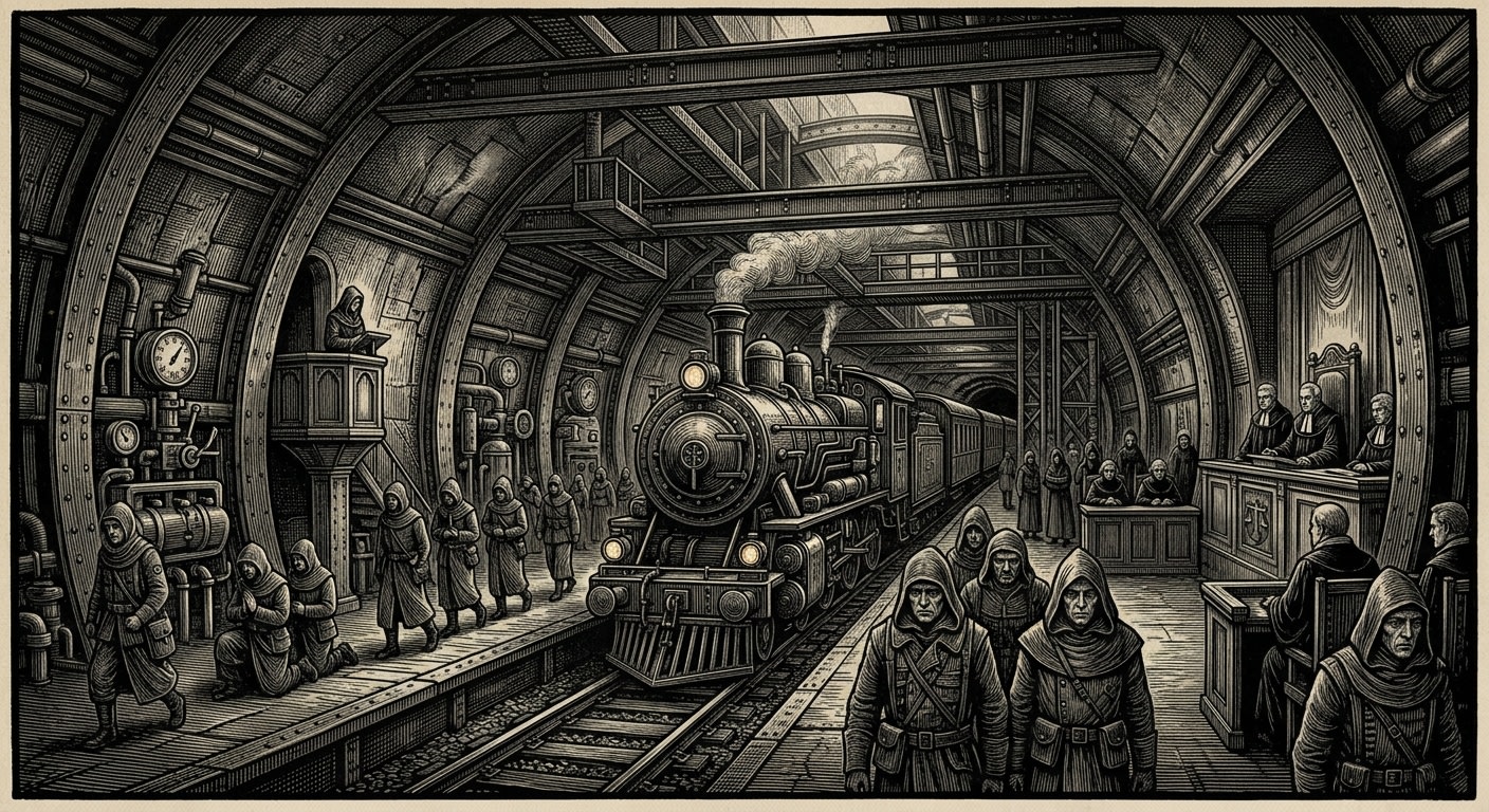Transit Spine — On the Great Hush and the Spine's Education, rendered as woodcut.
