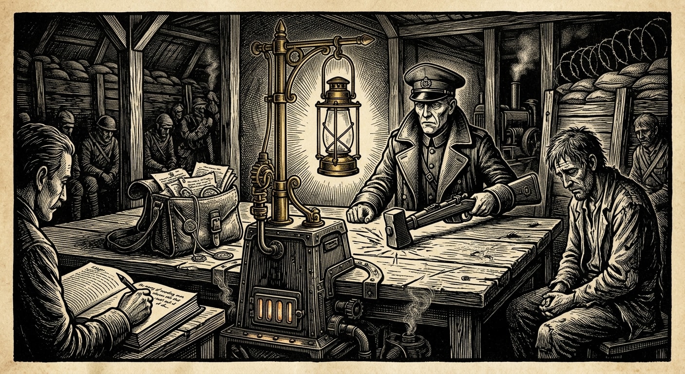 Trench Courts — On the Lantern Table, rendered as woodcut.