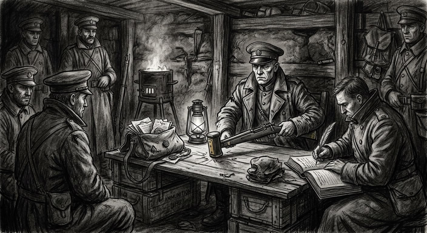 Trench Courts — On the Rifle-Gavel, rendered as charcoal.