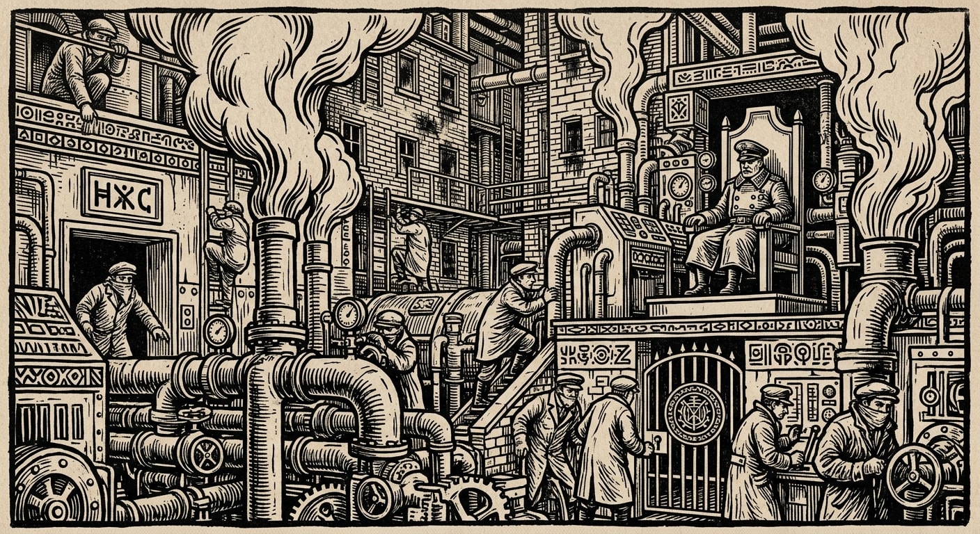 Valve Quarter — On Heat, Sound, and the Machinery of Obedience, rendered as woodcut.
