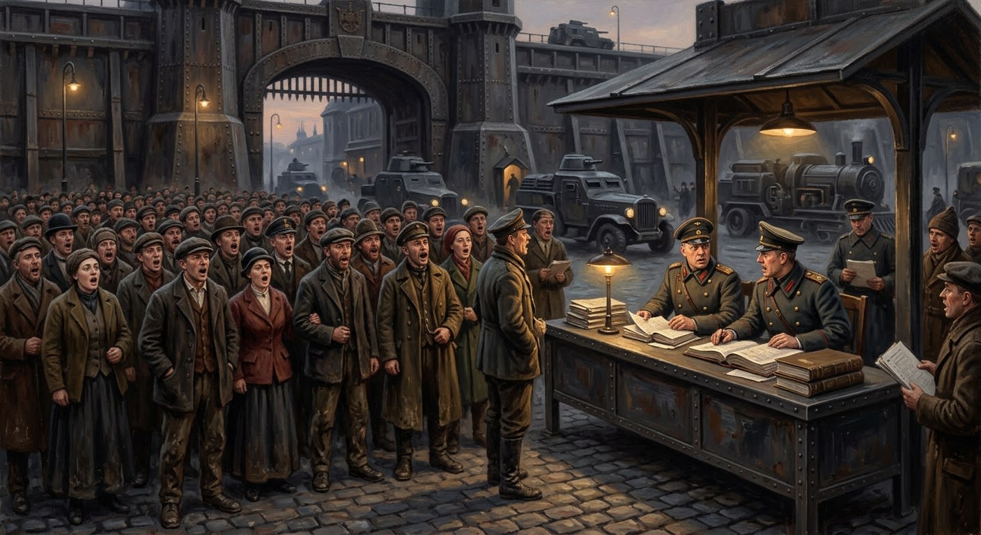 Civilians sing together at a fortified industrial checkpoint while uniformed officers review ledgers under lamplight.