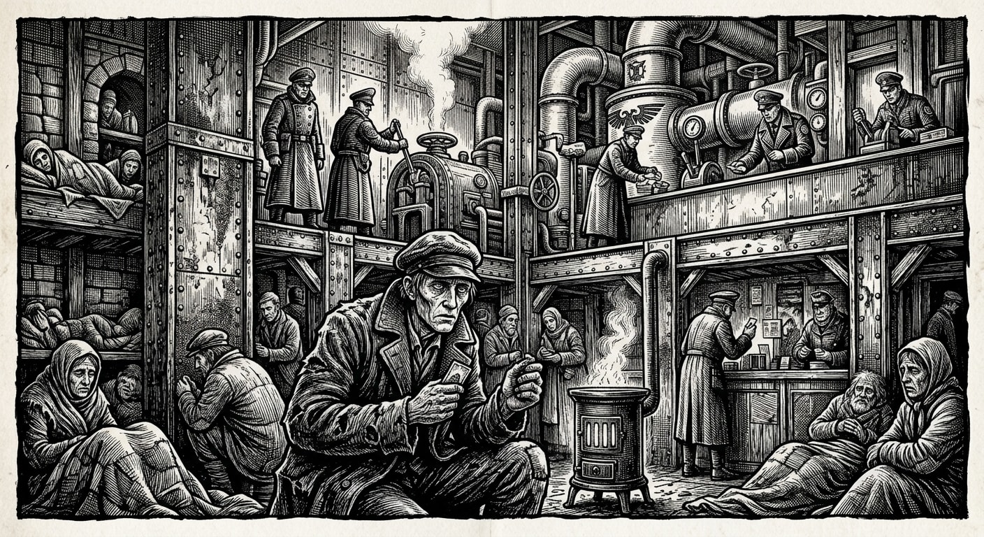 Ash Warrens — On Heat Credits and Hunger, rendered as woodcut.