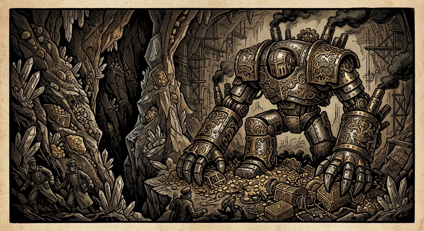Avarice Engine — On the Gilded Chasm as Womb, rendered as woodcut.