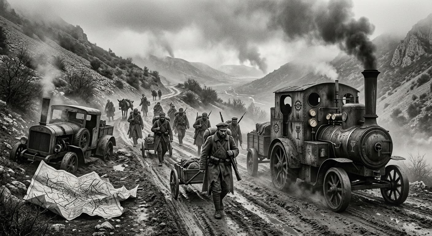 Balkan Foothills — On the Old Roads and the Retreat, rendered as photograph.