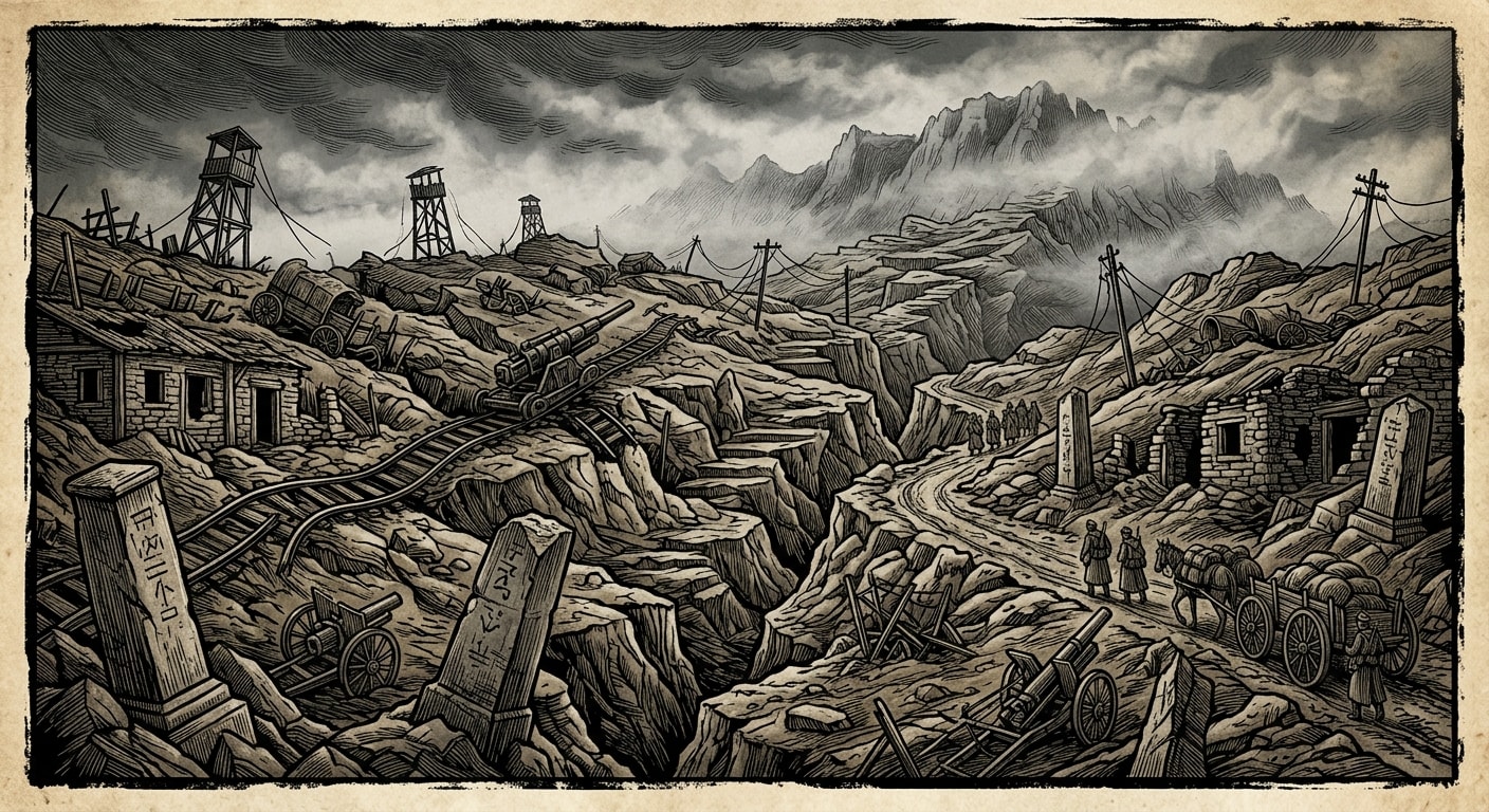 Balkan Foothills — On the Terrain, rendered as woodcut.