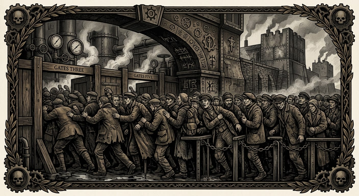 Barricade Maze — On Stampede, Pricing, and the Art of Standing Wrong, rendered as woodcut.