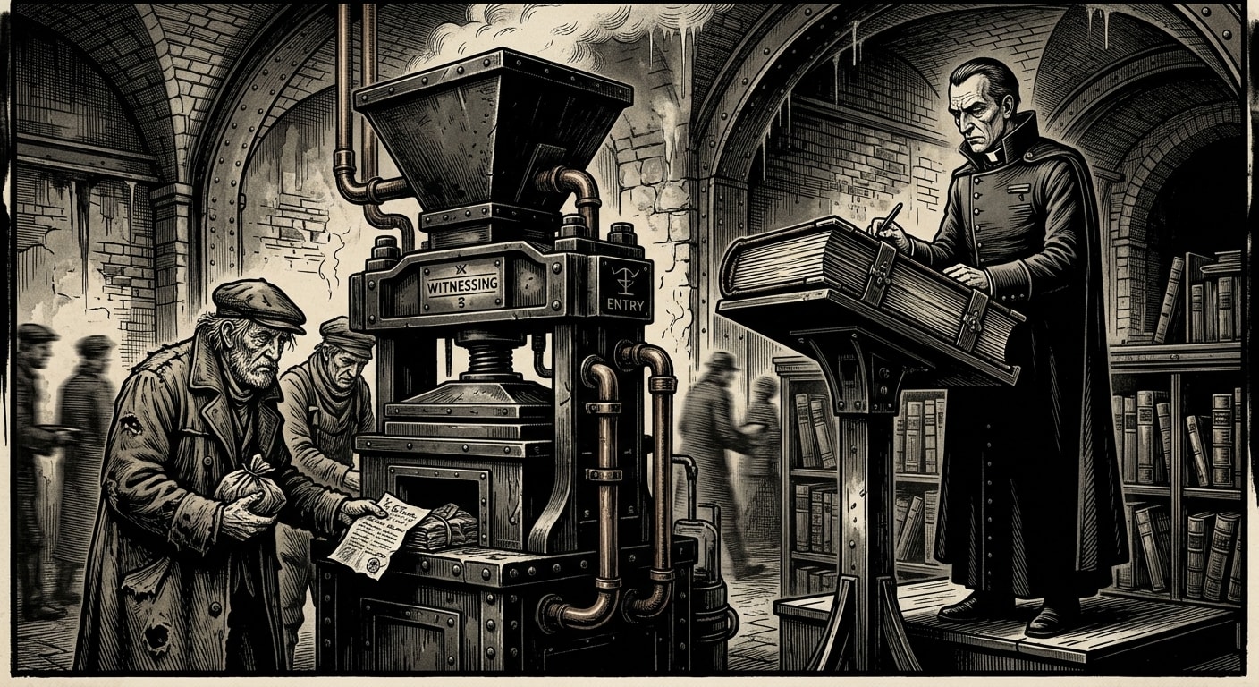 Book of Departures — On Entry and Witness, rendered as woodcut.