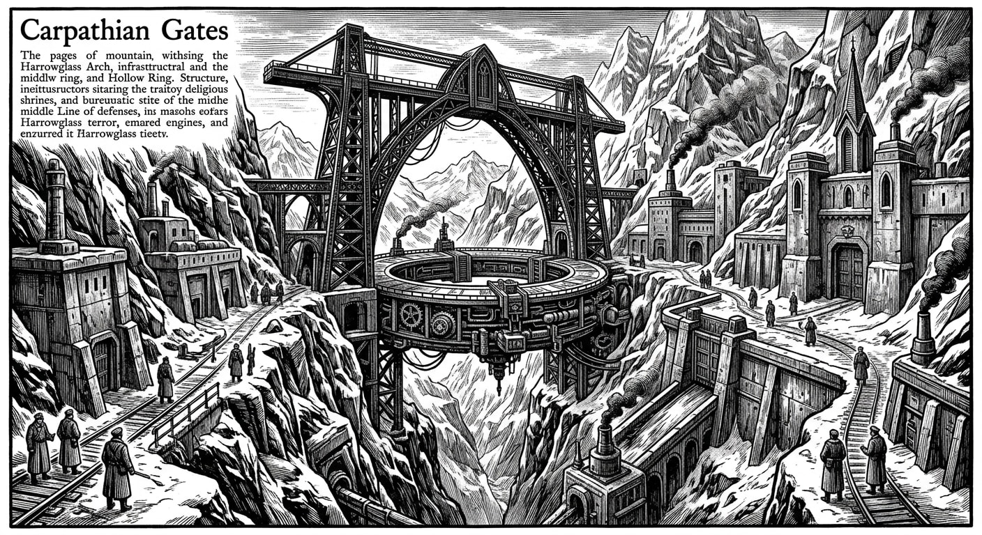 Carpathian Gates — On Harrowglass Arch and the Hollow Ring, rendered as woodcut.