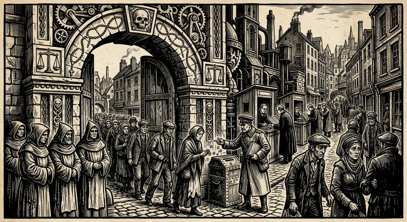 Clearance Gate — On the Rite of Clearance, rendered as woodcut.