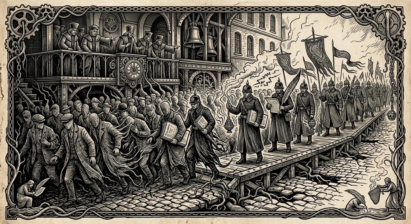Demon-Route Years — On Echo Crowds and False Attendance, rendered as woodcut.