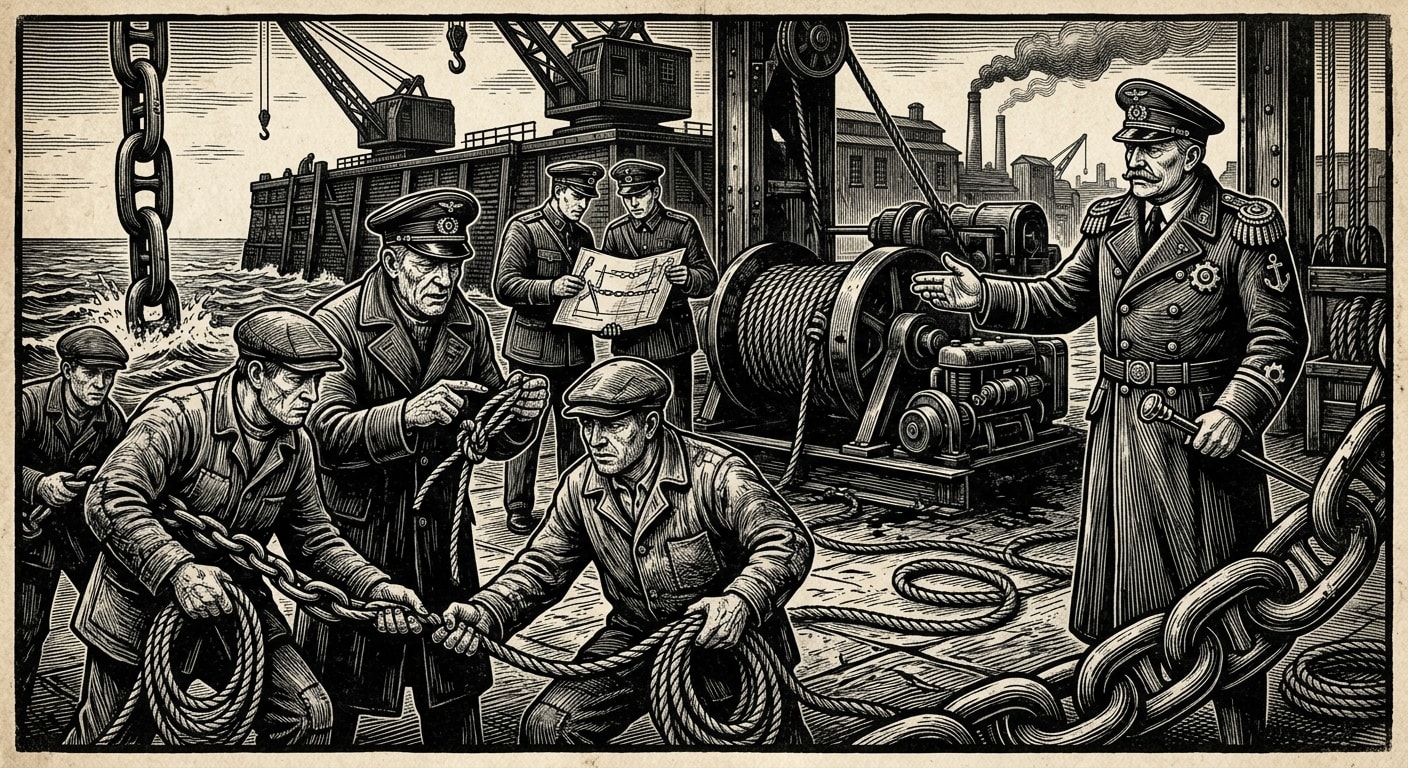 Custodians of the Chain — On Ranks, Apprentices, and Rope Law, rendered as woodcut.