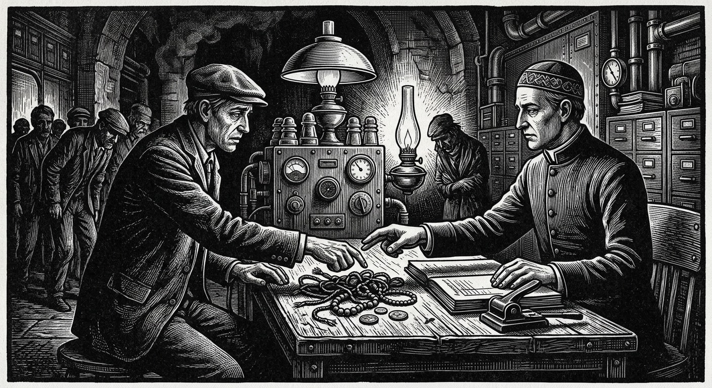 Desk Eleven — On Intake and the First Touch, rendered as woodcut.