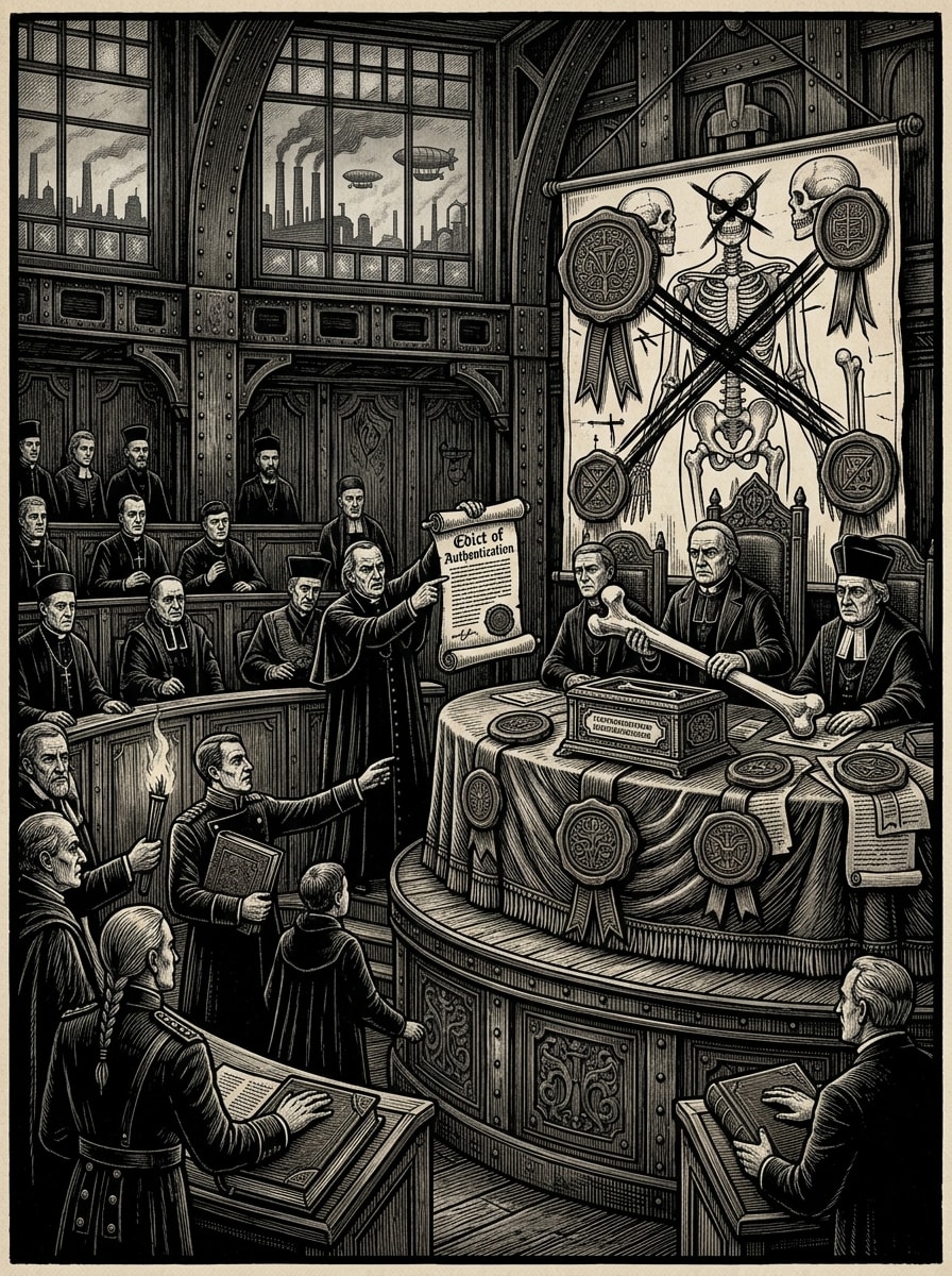 Edict of Authentication — On the Congress That Refused Arithmetic, rendered as woodcut.