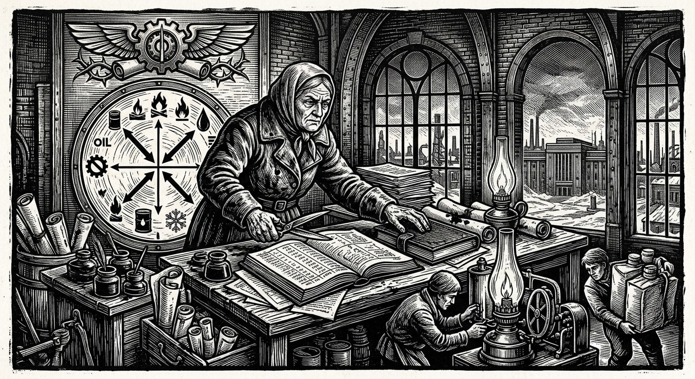 Elder Sigrun Half-Wick — On Malthus, Paper, and the Southern Lie, rendered as woodcut.