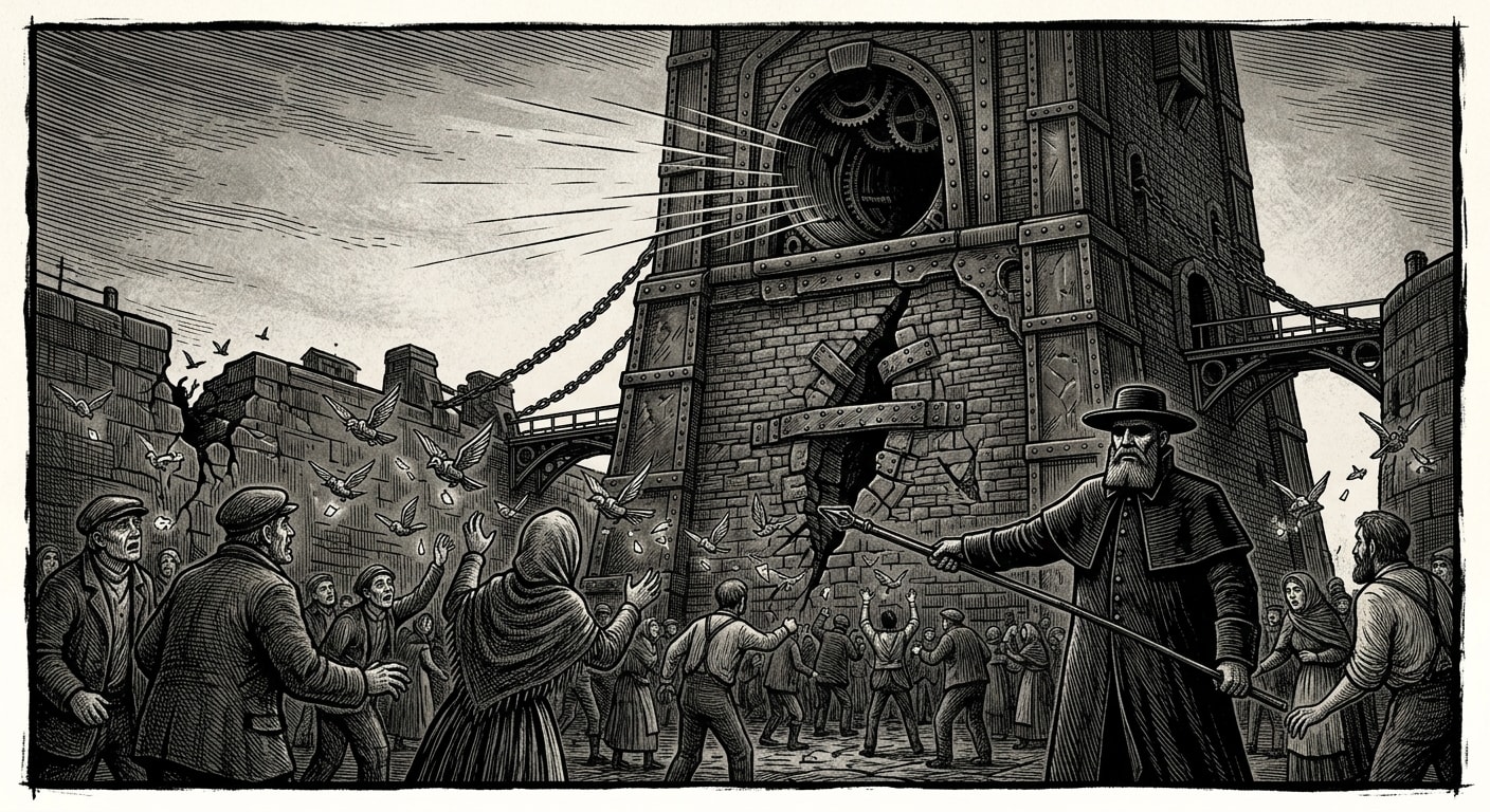 Elder Tower — On the Warden and the Ordinary Miracle, rendered as woodcut.