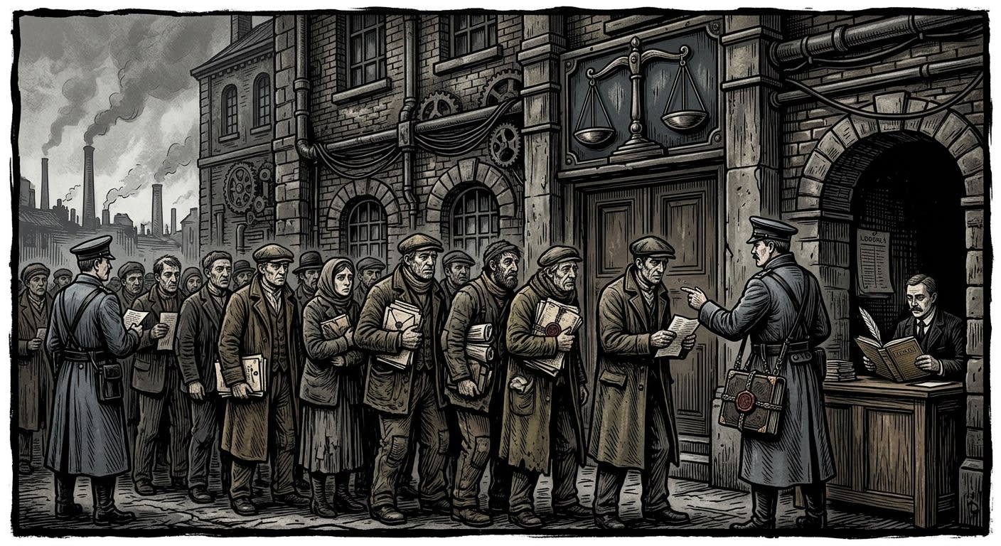 Feast of Balanced Scales — On the Petition Line, rendered as woodcut.