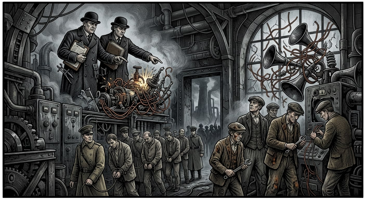 Fog Weeks — On Auditors, Engineers, and the Cull, rendered as woodcut.