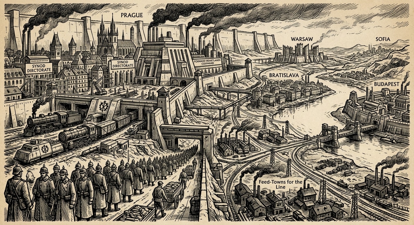 Forward Heartlands — On Prague, the Educated Scar, rendered as woodcut.