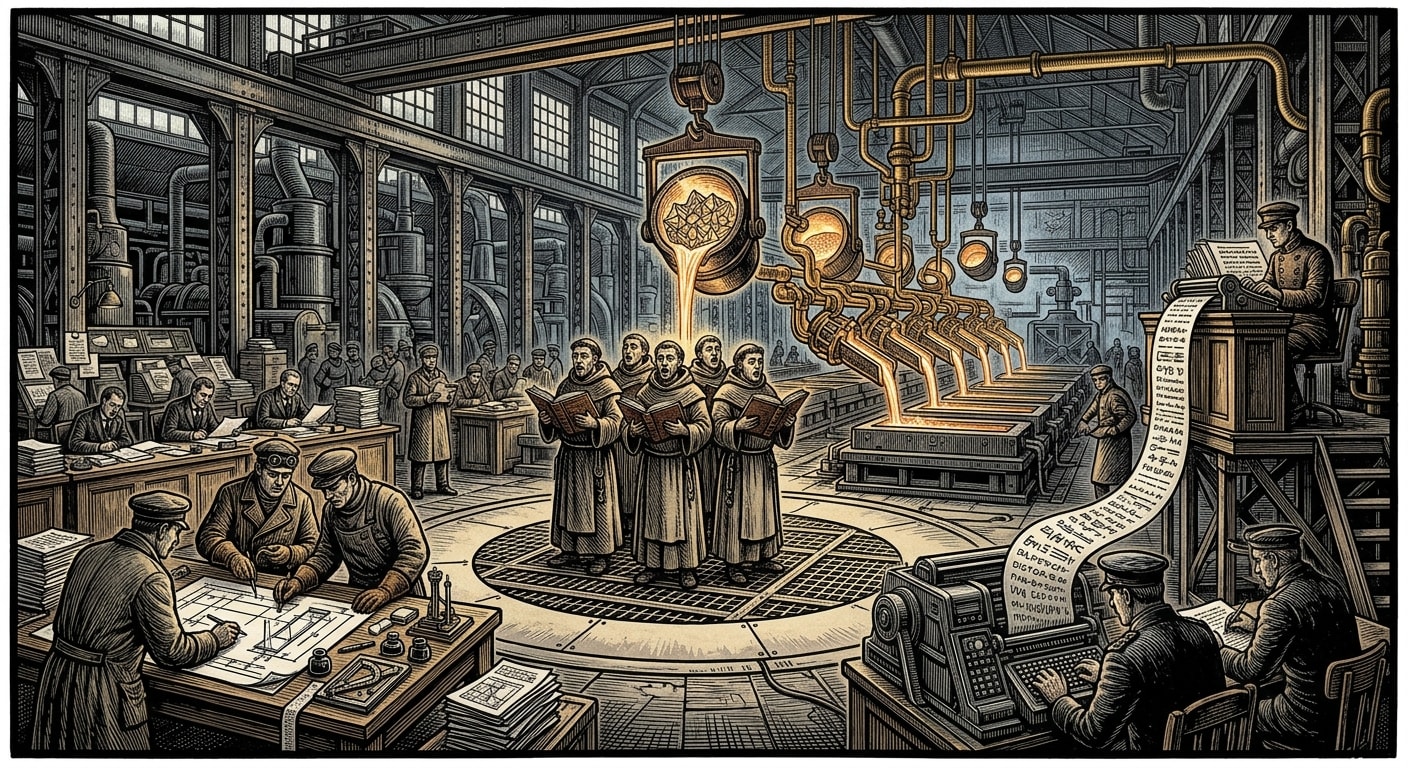 Hall of Measures — On the Architecture of Measure, rendered as woodcut.
