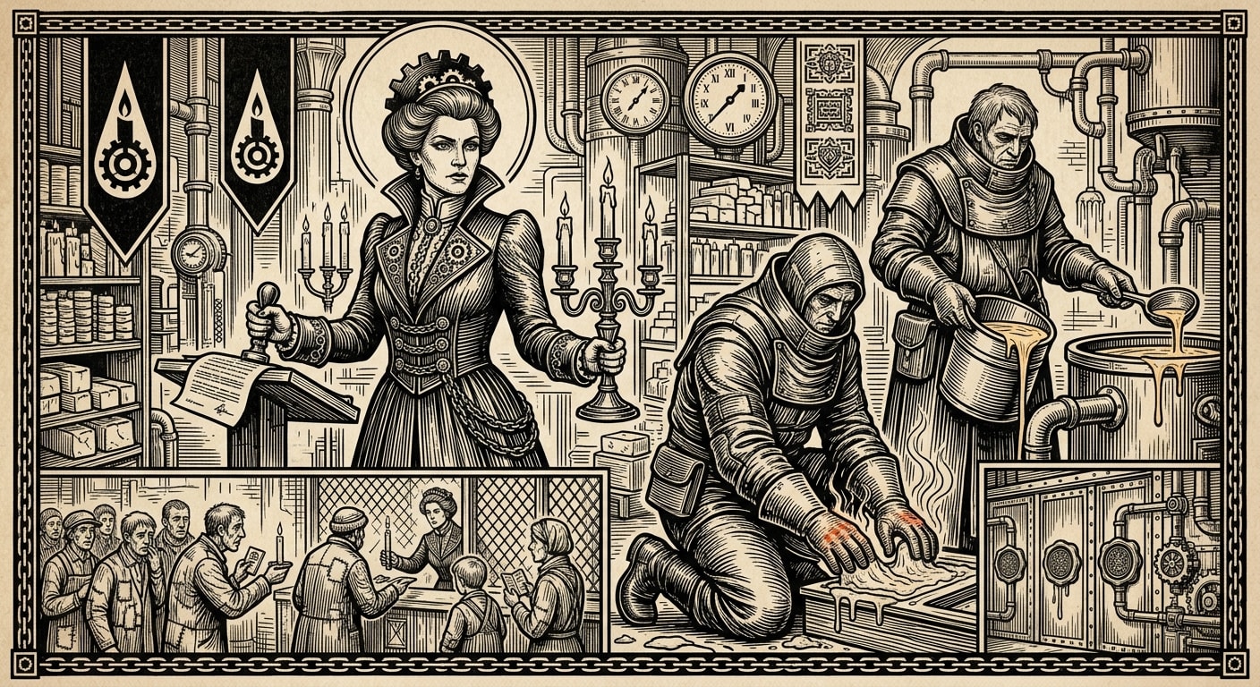 House Wickwarden — On Lady Maris Wick and Warm Hands, rendered as woodcut.