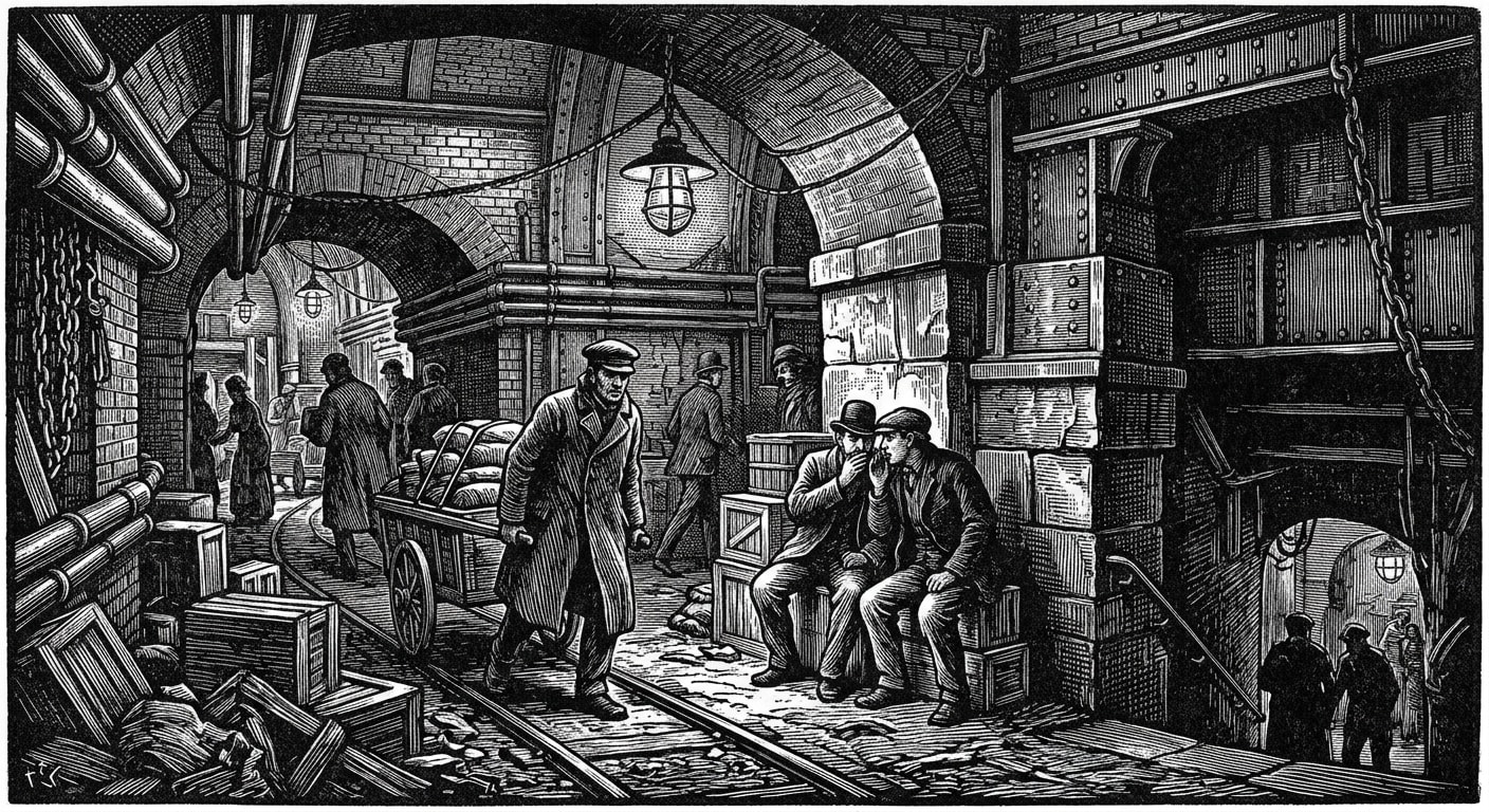 Hush Tunnels — On the Shape Beneath the Shape, rendered as woodcut.