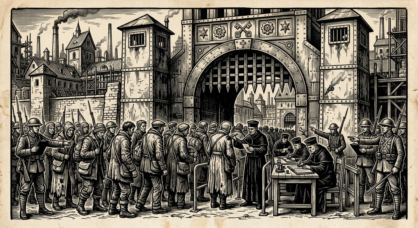 Intake Gate — On the Ritual of Admission, rendered as woodcut.